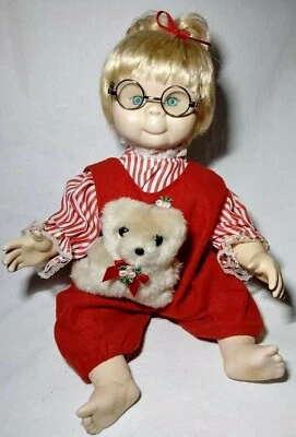 Ashley Belle Porcelain Doll Teddy Bear Vintage Mrs Beasley Look Blue Eyes Baby - Image 1 of 4