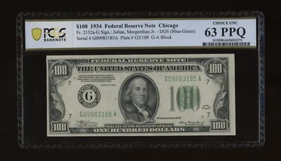 DBR 1934 $100 DGS FRN Chicago Fr. 2152-Gdgs PCGS-B 63 PPQ Serial G09983185A - Image 1 of 2