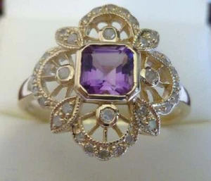Anillo de flores vintage amatista y diamante, oro liso 9 quilates, antiguo R66 personalizado - Imagen 1 de 6