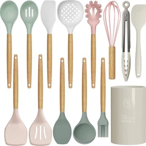 14 PCS Silicone Utensils Set Wooden Cooking Kitchen Tools Baking Cookware VIC - Picture 1 of 17