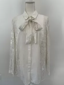 AKRIS Jasmine bianco fiocco cravatta blusa maniche lamina argento abbigliamento da lavoro elegante sera - Foto 1 di 12