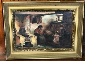 Antico quadro con cornice dorata -olio su tela -Scena d'interno 1912 - Foto 1 di 12