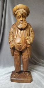 Vintage Large Hand Carved Hard Wood Statue Man with Beard and Bottle 15" Tall  - Picture 1 of 13