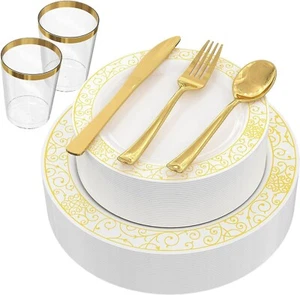 Plastic Plates for Party, GreenElevate 150 Pieces Plastic Dinnerware Set of 25 - Picture 1 of 6