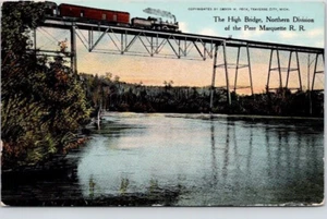 MICH. EISENBAHN POSTKARTE Pere Marquette R.R. Hohe Brücke, Northern Division - Bild 1 von 2