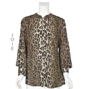 JOIE Taupe and Black Animal Print Long Sleeve Shirt with Band Collar SZ M NWOT - Picture 1 of 8