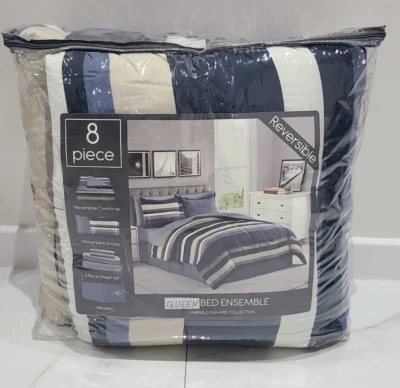 Двусторонний комплект постельного белья Austin в полоску/однотонный 8 шт. двуспальный - Изображение 1 из 4