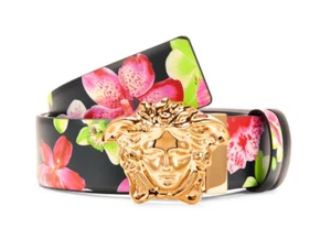 NEW VERSACE FLORAL Black Orchid Medusa Reversible Belt US 38 WAIST - Picture 1 of 3