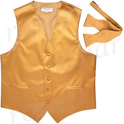 New polyester formal men's waistcoat tuxedo vest_self tied bowtie gold 5XL 6XL - Image 1 of 3