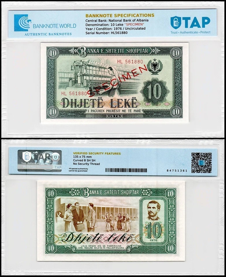 Albania 10 Leke, 1976, P-43s2, UNC Specimen Authenticated - Image 1 of 1