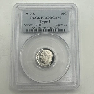Moneda de diez centavos Roosevelt 1979-S tipo 1 Estados Unidos a prueba graduada PCGS PR69DCAM 10C  - Imagen 1 de 5