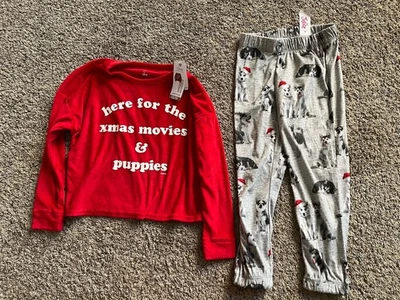 NWT Justice Girl’s Here For Xmas Movies & Puppies Pajama Set Red Velour Size 7 - Image 1 of 4