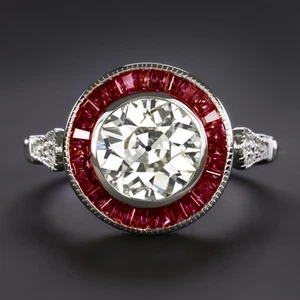 1.75ct OLD EUROPEAN CUT DIAMOND RUBY RING GIA CERTIFIED J VS2 VINTAGE STYLE HALO - Picture 1 of 3