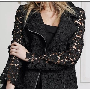 Dolce Cabo Designer Moto Jacket Lace Cutout Biker S/M Black Peekaboo Arms - Picture 1 of 11