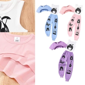 Kids Girls Outfits Jogging Suit Hip Hop Set Anime Printed Asymmetrical Hem 3Pcs - Picture 1 of 22