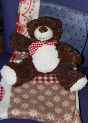 rot-gemusterte Fleece-Decke mit Teddy-Bär - Bild 1 von 4