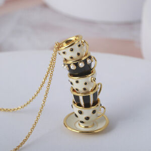 Kate Spade Tea Time 5 Teacups Set Black & White Enamel Gold Pendant Necklace