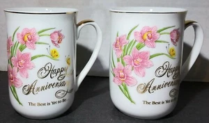Vintage Set of 2 Happy Anniversary Best Is Yet To Be Georgian Fine China Cups - Picture 1 of 9