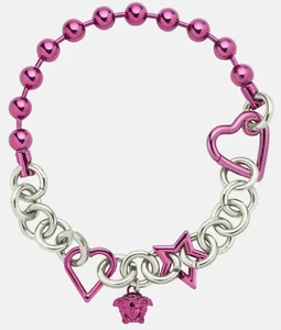 NIB Versace Medusa Logo 2Tone Pink Silver Star Heart Chunky Chain Necklace $1675 - Picture 1 of 24