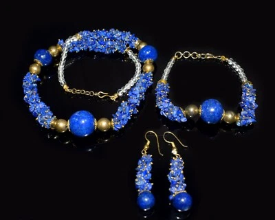 A++ Lapis Lazuli Chips & Round Shape Gemstone 17" Necklace Set For Woman & Girls - Image 1 of 4