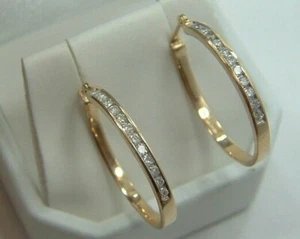 10 Karat gold diamond Hoop Earrings 10K yellow gold 1 in. round diamond earrings - Picture 1 of 7