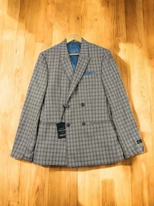 River Island 40R Brown Glenn Plaid Peak Lapel Double Breasted Sport Coat Jacket - Picture 1 of 19