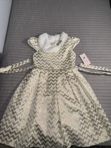 NWT JONA MICHELLE GIRL'S Size: 10 OFF-WHITE/ METALLIC GOLD LINED DRESS - Picture 1 of 12