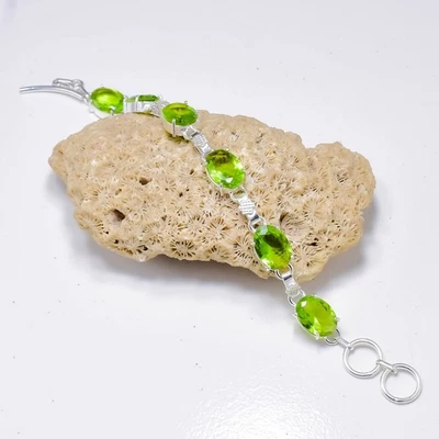 Handmade Green Peridot Gemstone 925 Sterling Silver Jewelry Chain Bracelet - Image 1 of 4