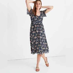 MADEWELL Ruffle-Sleeve Midi Dress in Oasis Palms SIZE XS - Picture 1 of 14