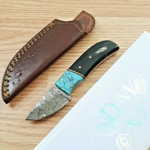 Damascus Fixed Knife 2" Full Tang Skinner Blade Horn/Turquoise Handle w/Sheath - Picture 1 of 12