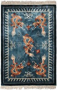 Vintage Silk Chinese Rug Organic Silk tapestry 4X6 Fine Dragons Blue 122X185cm