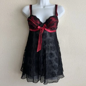 Vintage Y2K Delicates Black Lace Red Bow Babydoll Ruffle Mini Slip Dress S - Picture 1 of 5