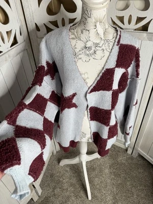 Pol Star 方格色块灰色栗色开放式针织开衫,尺寸 S — 第 1/4 张图片