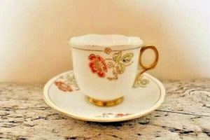 Melba Bone China Art Deco Hexagon Orange Poppy Cup and Saucer, England c. 1930's - Picture 1 of 6