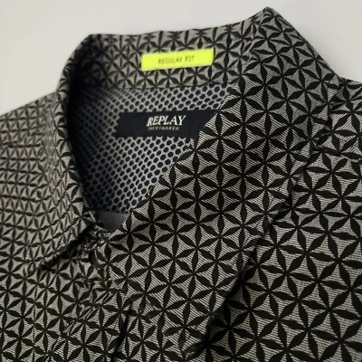 Replay Shirt MEDIUM (Very Snug) Regular Fit Grey Geometric Print RRP £90 - Image 1 of 4