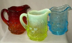 VTG LG WRIGHT WREATHED CHERRY URANIUM OPALESCENT VASELINE, AMBERINA BLUE CREAMER - Picture 1 of 12