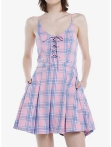NEU heißes Thema rosa & lila kariertes Schnürkleid Sommer Frühling Skater ärmellos - Bild 1 von 10