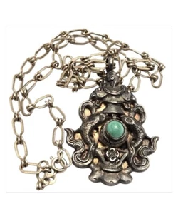 1940s Tibetan Repousse SterlingSilver Turquoise Ornate Fish Abundance NECKLACE  - Picture 1 of 7