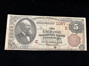 1882 $5 BB National Currency The Exchange National Bank PITTSBURGH PA CN #1057 - Picture 1 of 9