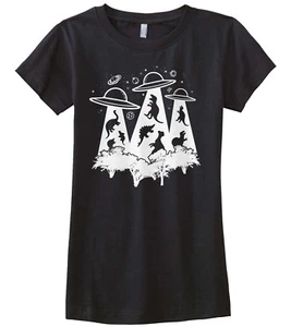 Dinosaur Alien Abduction Girls Fitted T-Shirt Funny UFO T-Rex Science - Picture 1 of 11