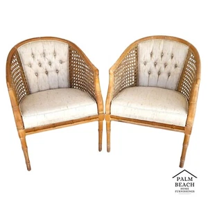 Vintage French Faux Bamboo Cane Linen Chairs Pair - Picture 1 of 16