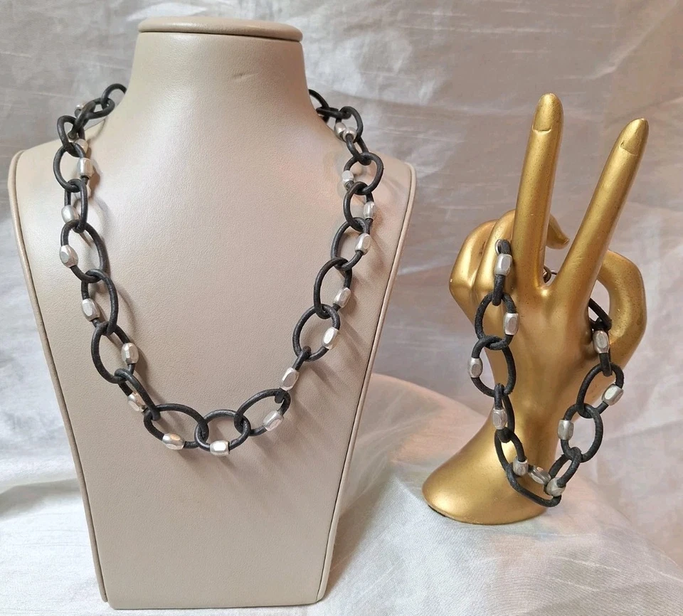 Collar de cadena de cuero de colección y pulsera a juego 2 piezas acento plateado punk rock Foto 1 de 4