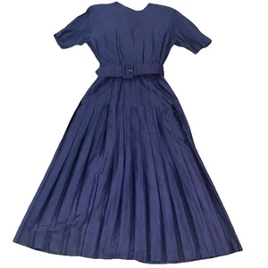 Rabbit Designs VTG USA Womens Pleated Belted Navy Dress 8 Career Professional - Picture 1 of 8