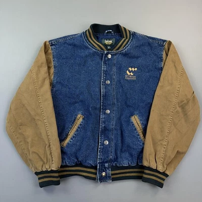 Chaqueta de bombardero universitaria Dunbrooke Denim vintage para hombre mediana azul tostado ropa de trabajo años 90 Foto 1 de 4