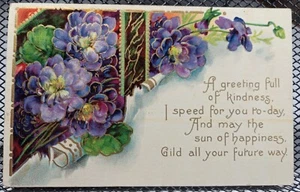 Splendida cartolina antica Germania fiori lavanda poesia felicità dorata in rilievo - Foto 1 di 2
