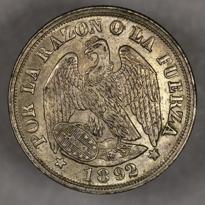 1892 Chile Silver 20 Centavos Lustrous - Image 1 of 2
