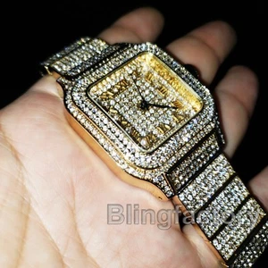 Men's Luxury Iced 18K Gold Plated Square Lab Diamond Bracelet Dress Bling Watch - Picture 1 of 6