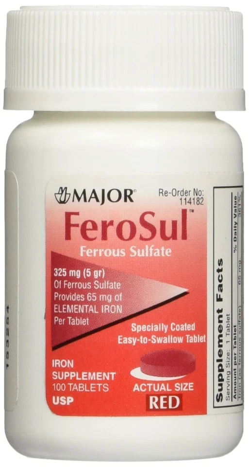 Major Ferosul Ferrous Sulfate 325mg Red Tablets 100 Each