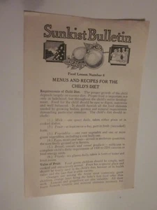 1927 era vintage Sunkist Bulletin - Food Lessons #8 plus Recipes - Picture 1 of 4