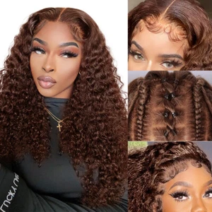 Peluca frontal de encaje rizado marrón cabello humano 13X4 HD pelucas brasileñas de onda profunda sin pegamento - Imagen 1 de 8